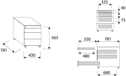 Caisson métal, 4 tiroirs dont 1 ustensiles